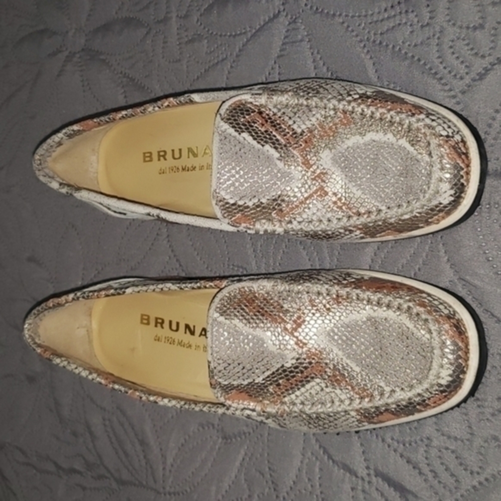 Brunate Silver Gold Python Print Leather Loafers